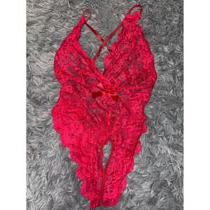 Red Lace Teddy crotchless lingerie bodysuit V Neck Bow Detail Open Gusset large